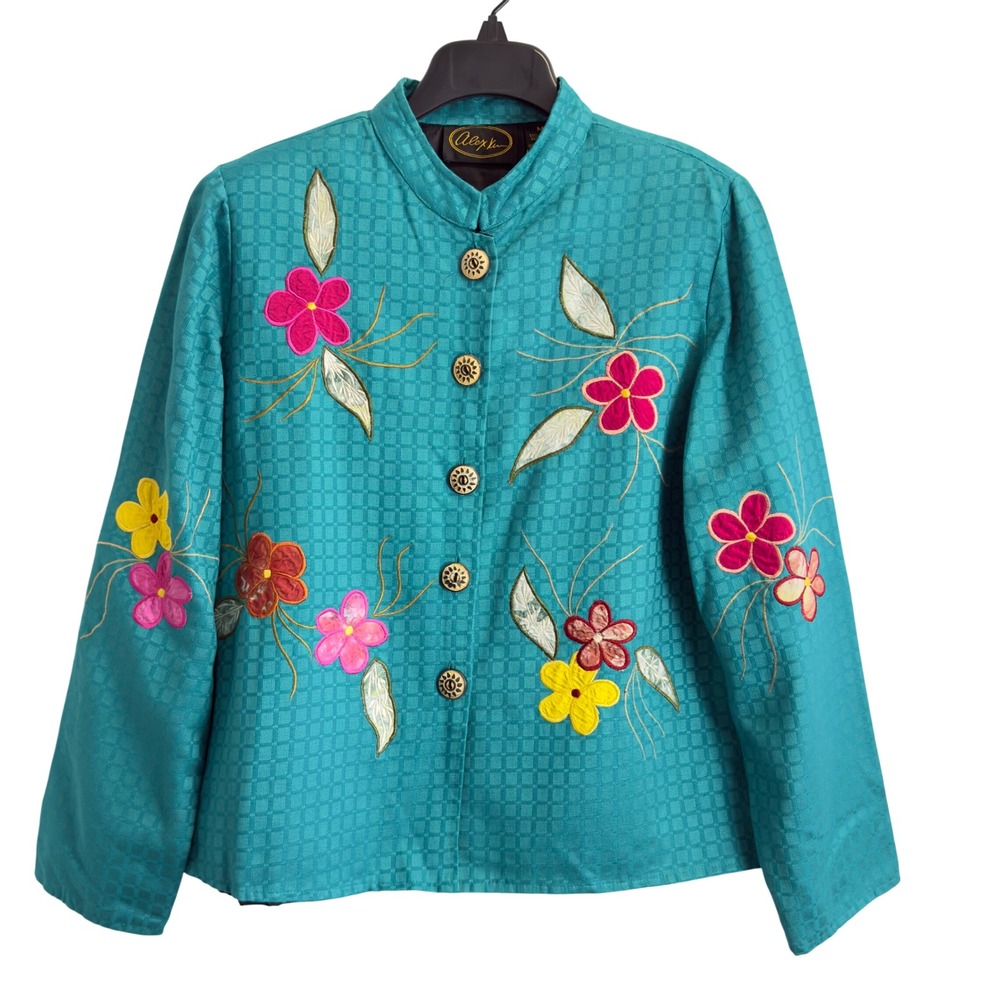Alex Kim Teal Floral Embroidered Jacket Mandarin Collar Sunburst Buttons Medium